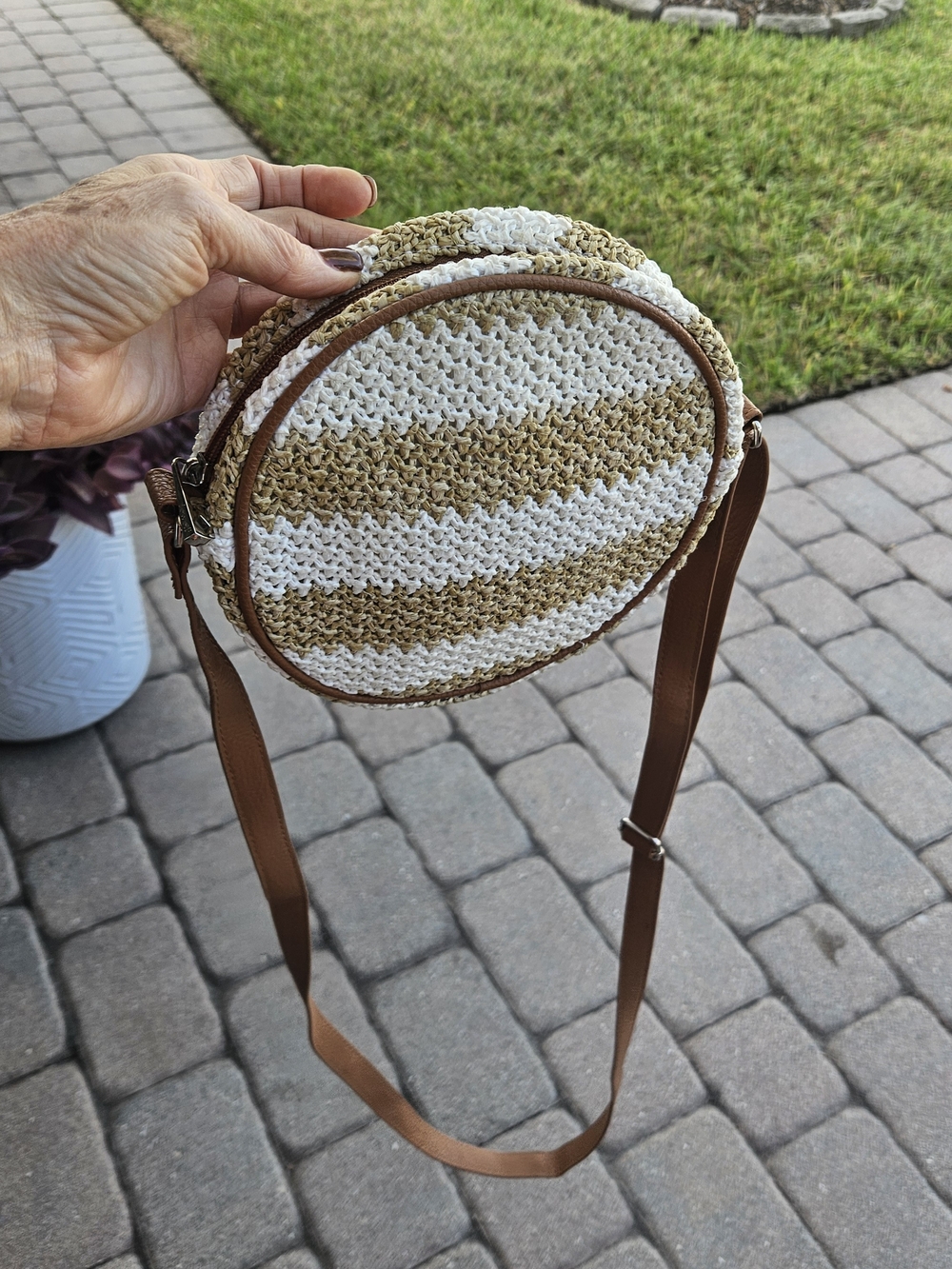 Striped Woven Round Crossbody Bag - Brown & White